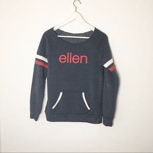 Ellen Degeneres raw hem varsity style sweatshirt